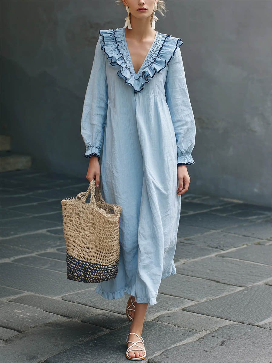 Women's V-neck Long-sleeve Casual Loose-fit Cotton-linen Dress