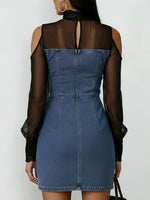 Women's Stand Collar Long Sleeve Chiffon Patchwork Casual Slim Denim Dress