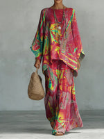 Gradient Graffiti Decorative Pattern Long Sleeve Linen Cotton Top And Pants