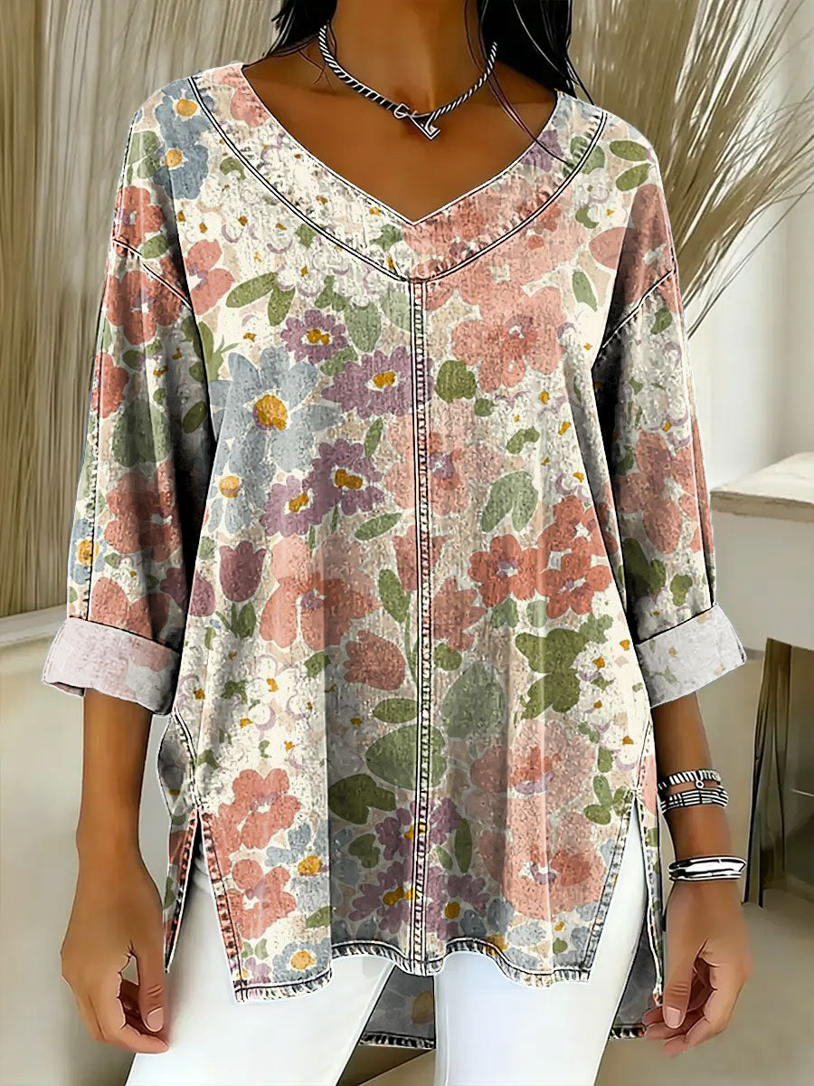 Women's Retro Gradient Flowers Floral Art Patterns Casual Washed Denim Cotton Top