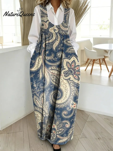 Women's Floral Pattern Art Print Casual Cotton Denim Dress