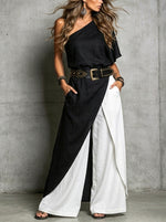 Women‘s Chic Off-shoulder Asymmetrical Short-sleeve Top And Wide-leg Pants Two-piece Set