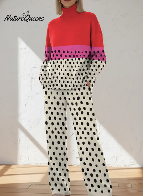Women's Abstract Dot Pattern Art Print Casual Knitted Cotton Top Pants Suit