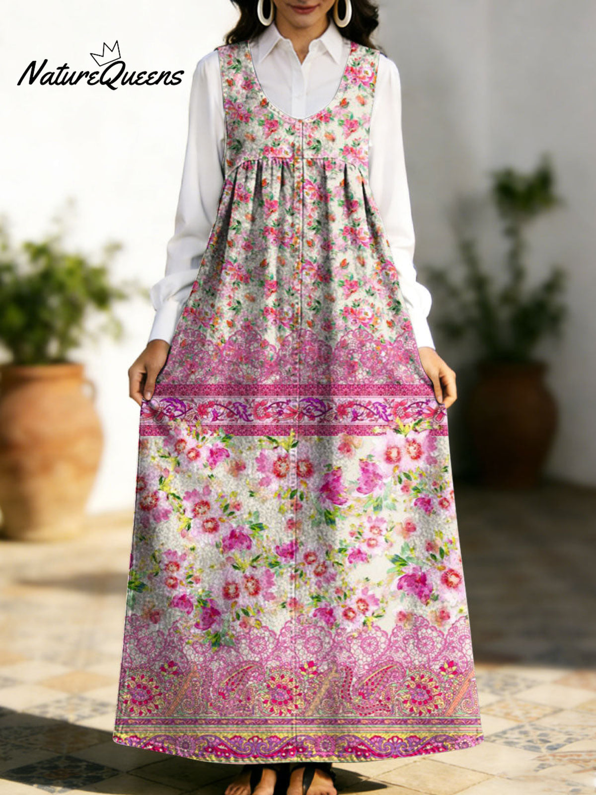 Women's Retro Splicing Colorful Flowers Pattern Art Print Casual Cotton Denim Dress