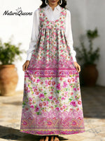 Women's Retro Splicing Colorful Flowers Pattern Art Print Casual Cotton Denim Dress