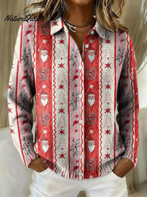 Women's Red Striped Christmas Printed Collared Sweater