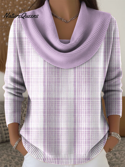 Women's Geometric Purple Plaid Color Splicing Print Cowl Neck Sweater