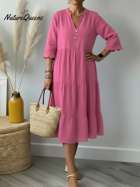 Women's Cotton And Linen Dress With Lace-paneled Sleeves.