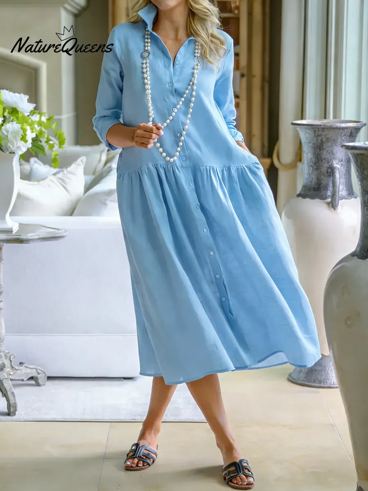 Women's Solid Color Lapel Long-sleeved Casual Loose Cotton And Linen Shirt Dress