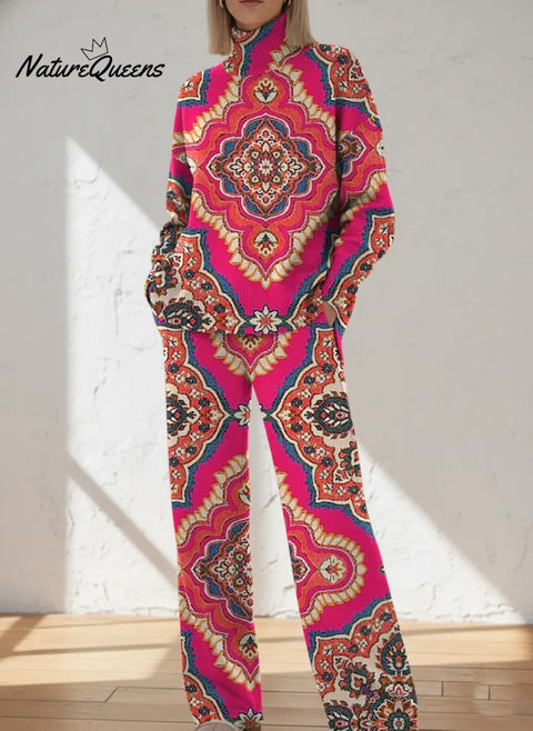 Women's Retro Flower  Art Print Casual Knit Set