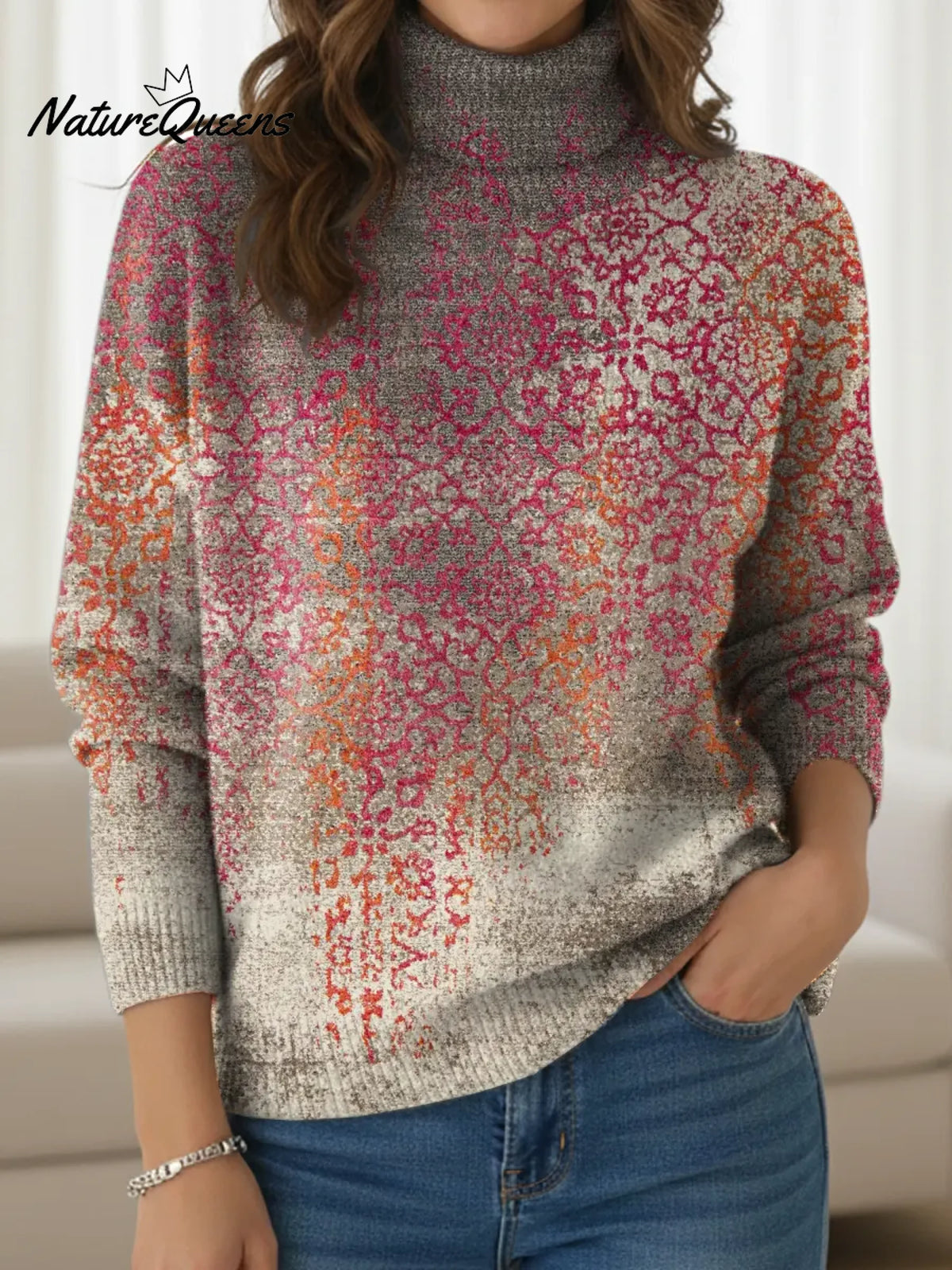 Women's Vintage Weathered Pattern Print Turtleneck Sweater