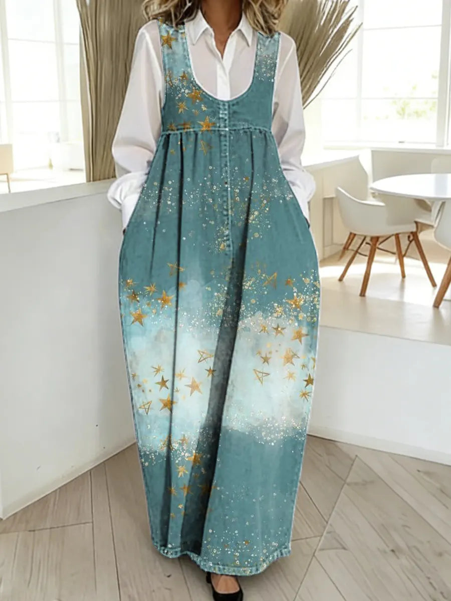 Women's Stars Pattern Art Print Casual Cotton Denim Dress