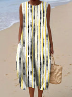 Women's Vintage Geometry Art Print Sleeveless Cotton Pocket Wrap Dress