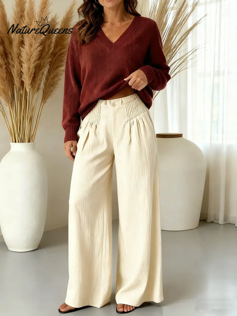 Women's Solid Color High-waisted Pleated Casual Loose Linen Wide-leg Pants