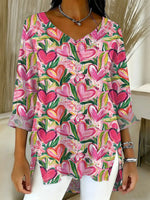 Women's Valentine's Day Heart Art Print Casual Washed Denim Cotton Top