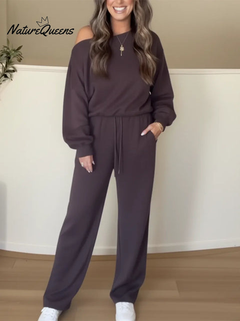 Cozy Travel Off-shoulder Sweatshirt And Pants Two-piece Set