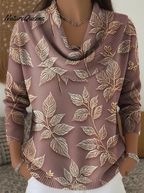 Women's Leaf Art Print Cowl Neck Sweater