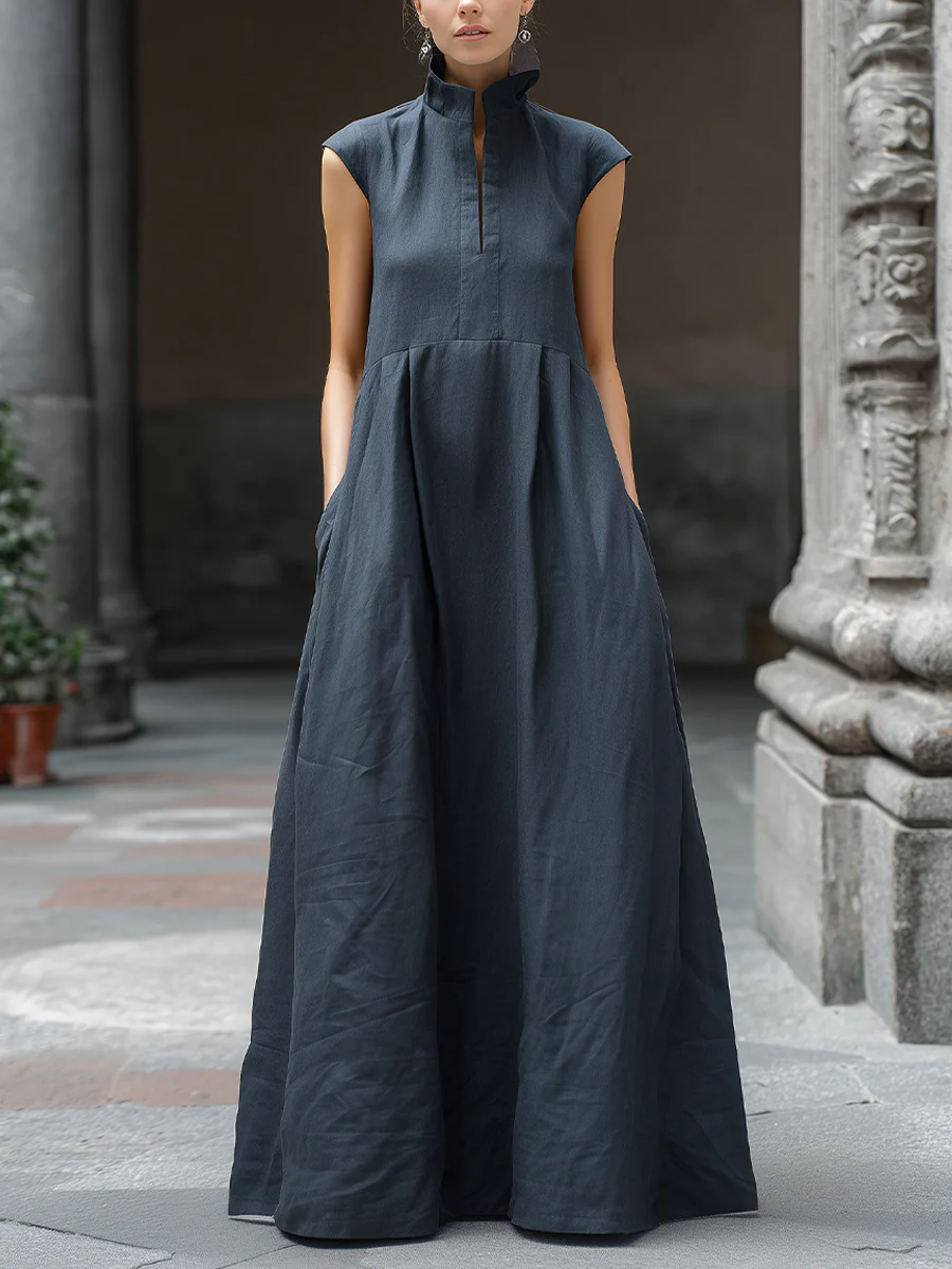 Minimalist Elegance Mock-neck Cotton-linen Maxi Dress