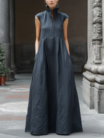 Minimalist Elegance Mock-neck Cotton-linen Maxi Dress