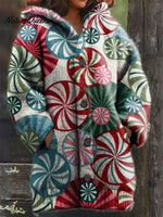 Women's Christmas Candy Colorful Pattern Art Print Casual Plush Warm Coat