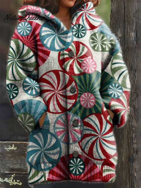 Women's Christmas Candy Colorful Pattern Art Print Casual Plush Warm Coat