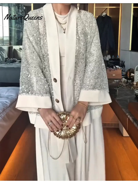 Women's Sequined Cardigan, Top And Pants Three-piece Set