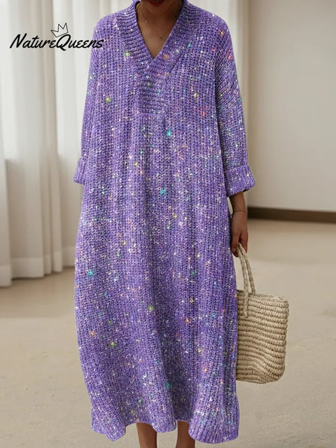 Retro Shimmering Purple Print Knitted V-neck Dress