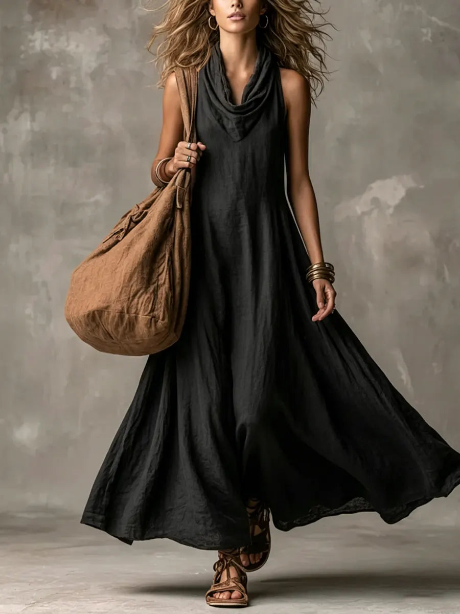 Women's Simple Relaxed High-collar Cotton-linen Dress