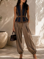 Women's V-neck Sleeveless Color-block Slim-fit Casual Top & High-waisted Wide-leg Pants Cotton-linen Set