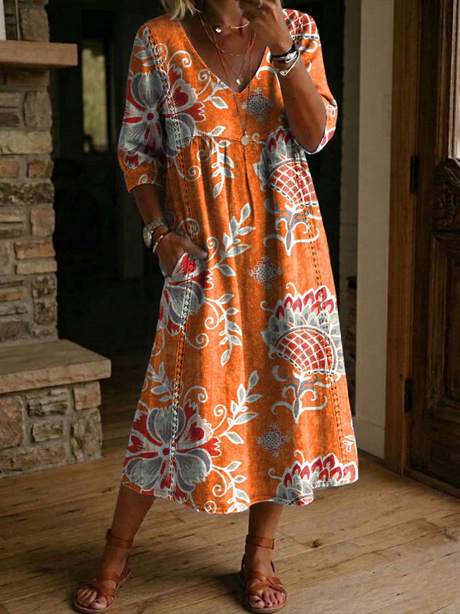 Women's Flower Print Casual Loose-fit Cotton-linen Dress With Lace Trim And Paneling