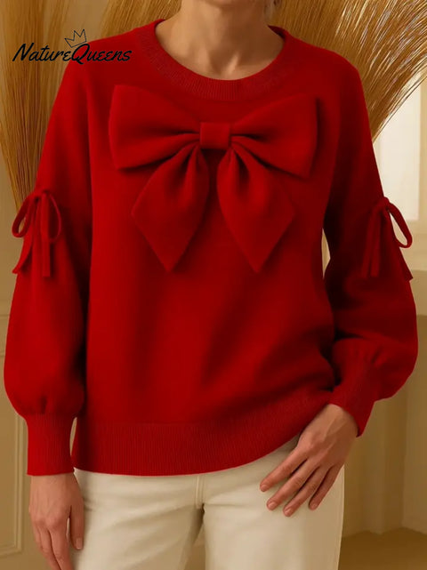 Women's Solid Color Crew Neck Casual Bow Loose Sweatshirt