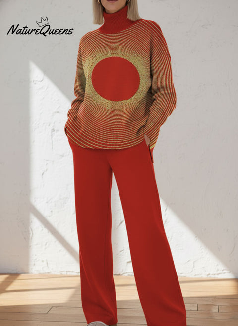 Women's Abstract Sun Pattern Art Print Casual Knitted Cotton Top Pants Suit