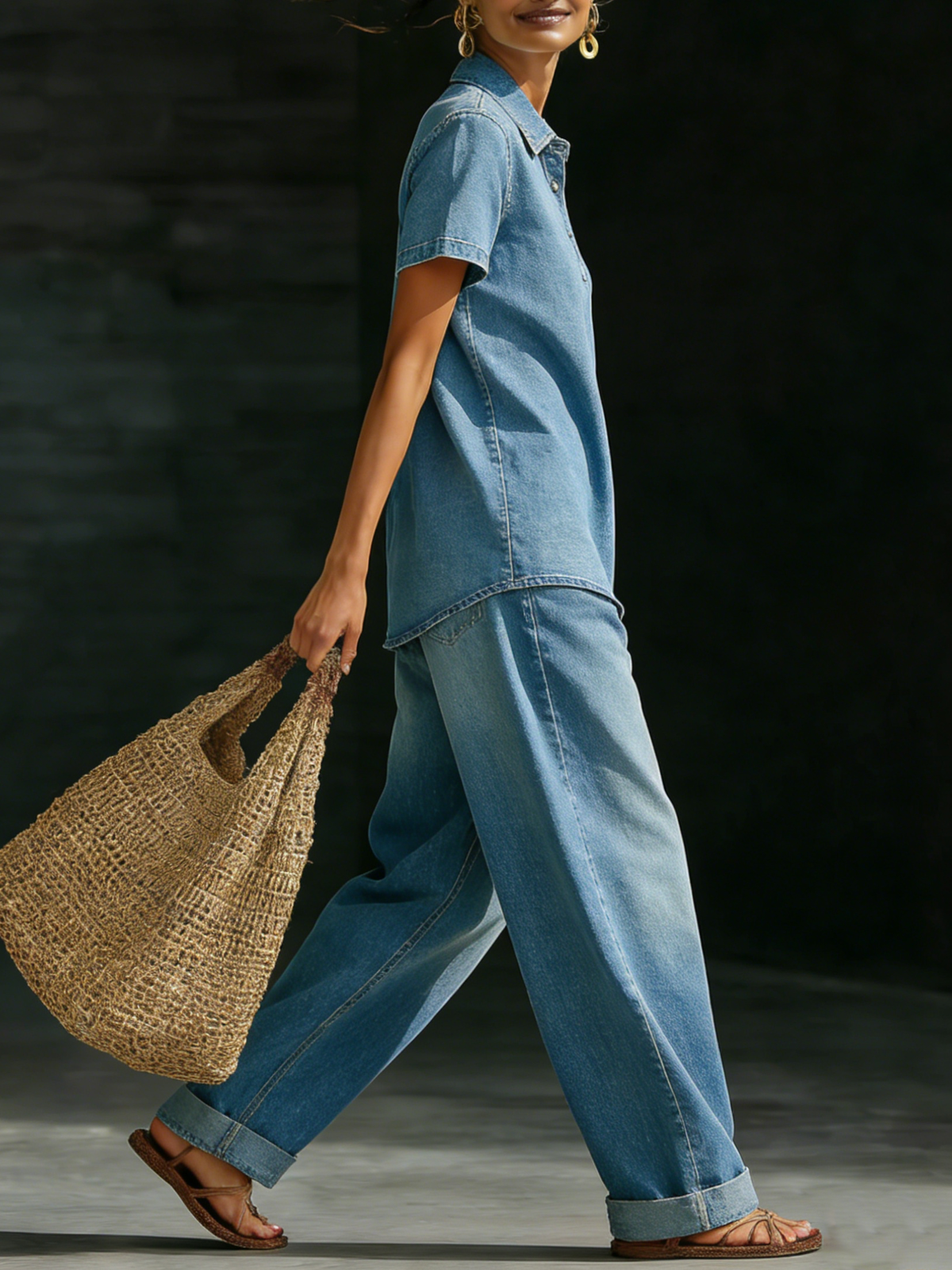 Casual Cozy Polo Collar Shirt And Jeans Denim Set