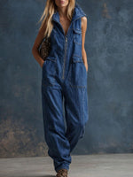 Women's Stand-collar Sleeveless Casual Loose Denim Wide-leg Jumpsuit