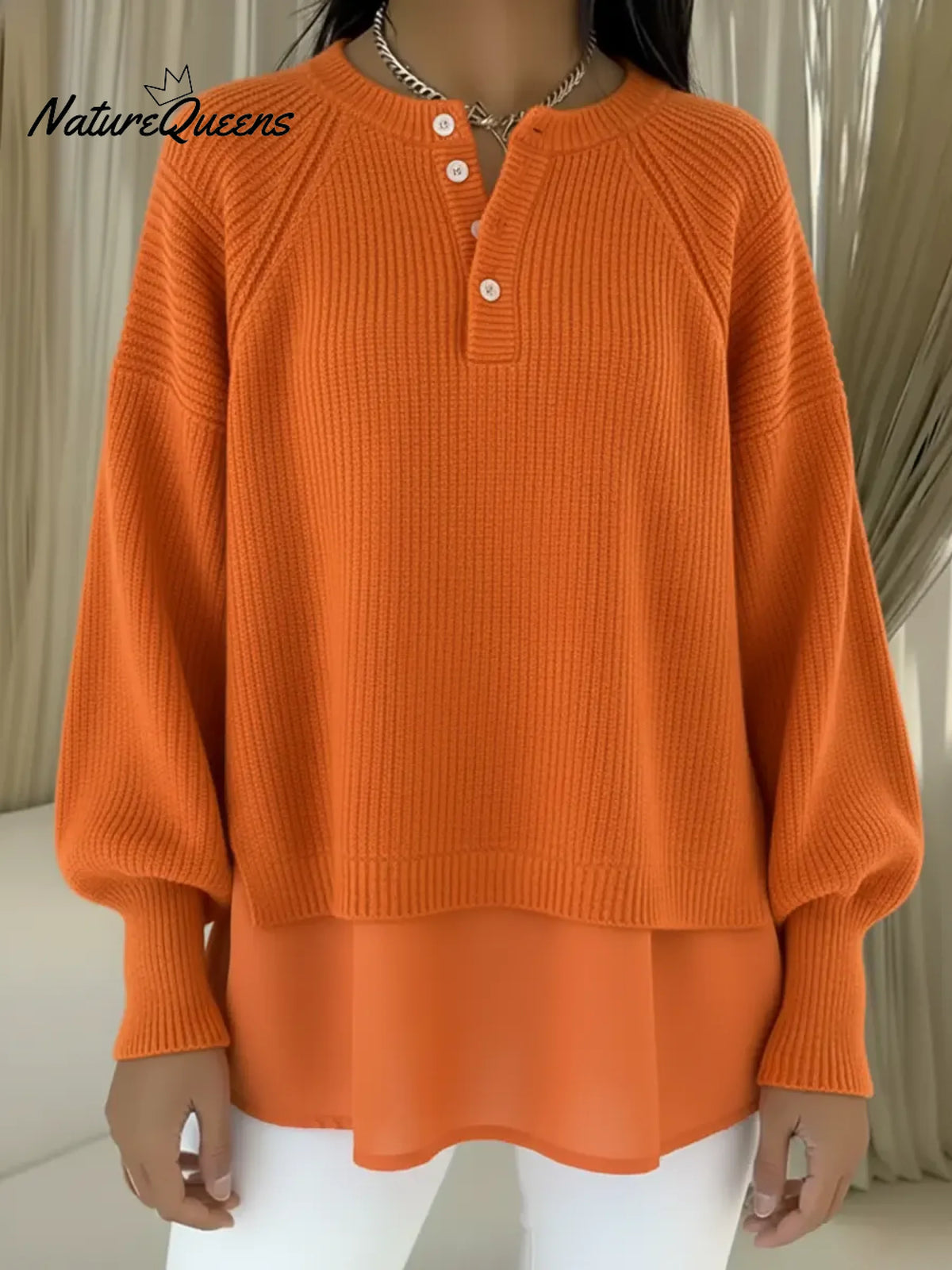 Women's Patchwork Chiffon Comfortable Henley Collar Sweater