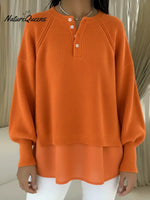 Women's Patchwork Chiffon Comfortable Henley Collar Sweater