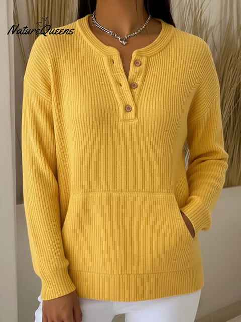 Casual Henley Collar Button Pocket Knit Pullover