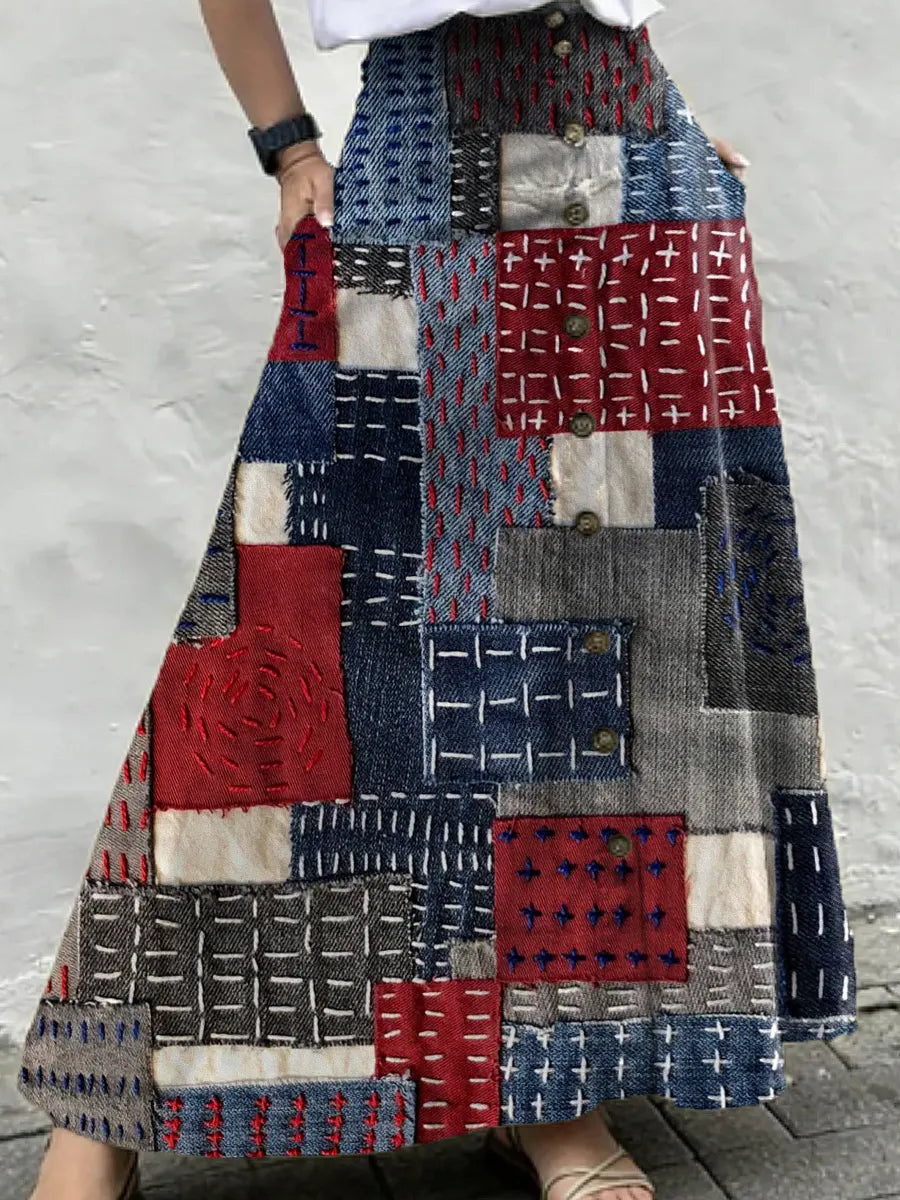 Women's Vintage Pattern Art Print Casual Cotton Denim Skirt