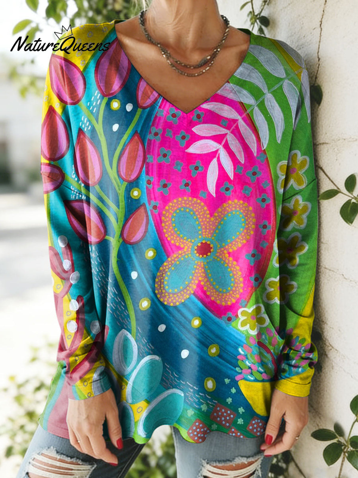 Women's Lovely Floral Flowers Pattern Art Print V-neck Casual Cotton T-shirt