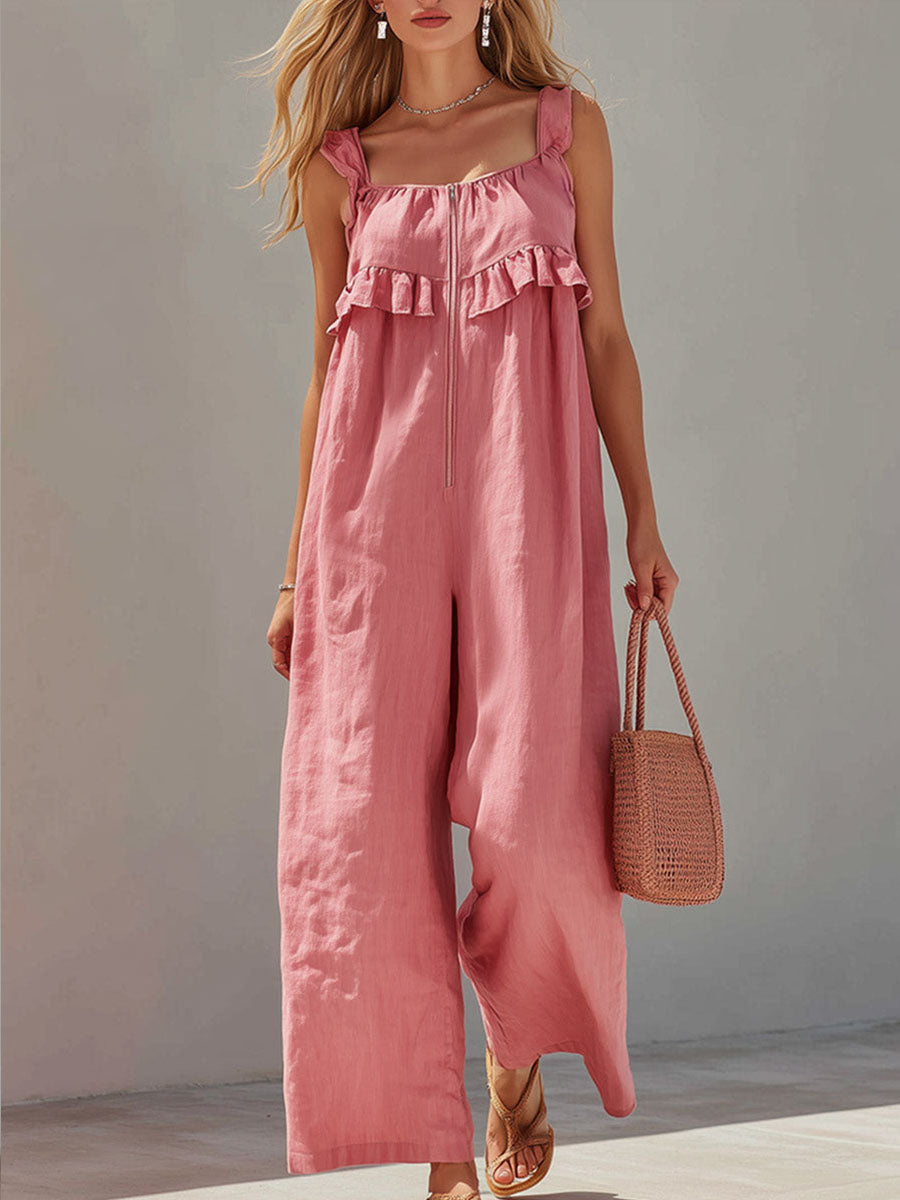 Women's Solid Color Square-neck Sleeveless Casual Loose Ruffled Wide-leg Jumpsuit