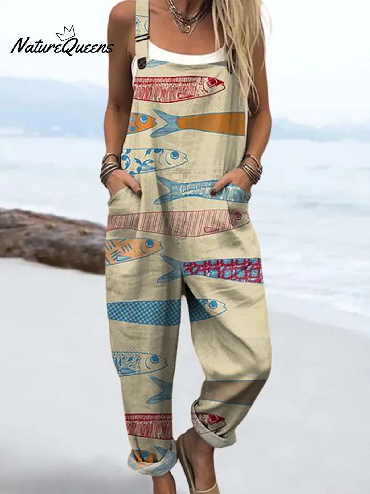 Women's Vintage FishArt Print Casual 100% Cotton Wide Leg Jumpsuit