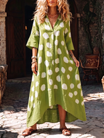 Breathable Cotton-linen Dress With Green Polka-dot Print