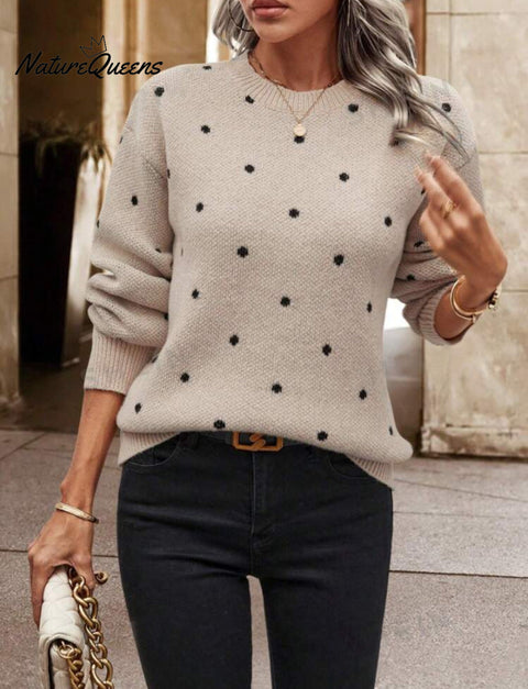 Women's Polka Dot Casual Round Neck Knit Long-sleeved Sweater