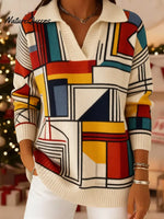 Women's VintageGeometric Lines Art Print Casual Sweater