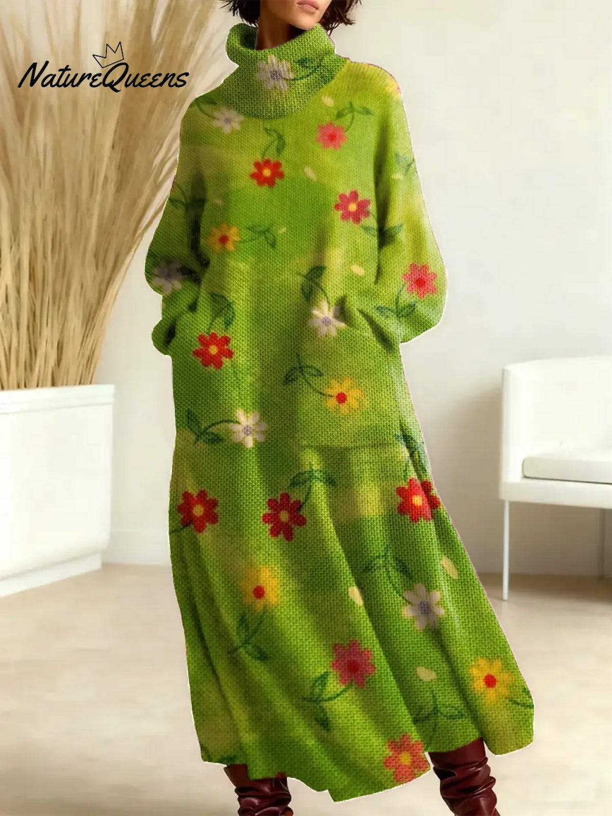 Women's Floral Pattern Art Print Casual Cotton Knitted Dress