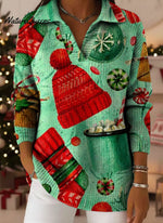 Christmas Trees Snowflake Art Pattern Polo Collar Shiny Loose Sweater Top
