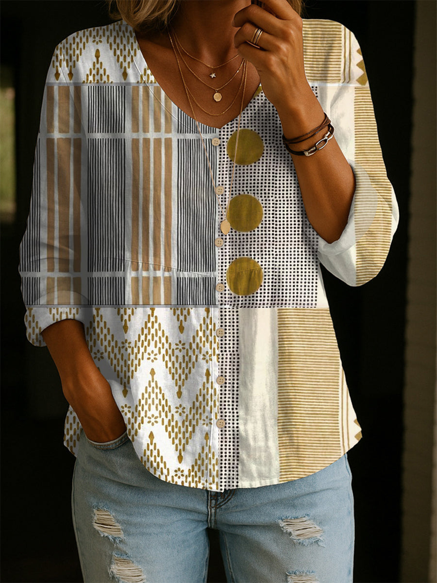 Women's Geometry Art Print Linen Cotton Shirt