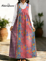 Women's Retro Splicing Colorful Flowers Pattern Art Print Casual Cotton Denim Dress