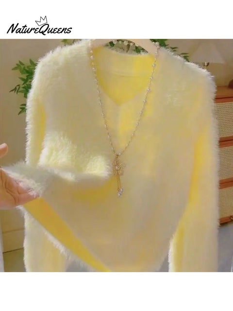 Women's Candy-Colored Plush V-Neck Sweater