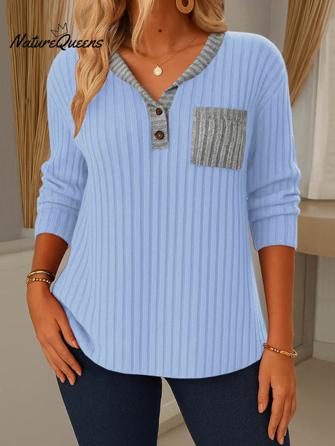 Women's V-neck Long Sleeve Contrast Color Casual Loose Knit Top
